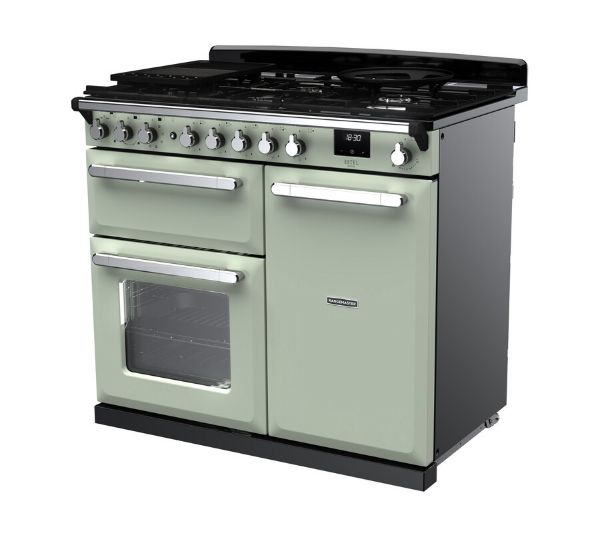 Rangemaster 15085 Estel Deluxe 100 Dual Fuel Range Cooker in Mint with Chrome Trim - ESDL100DFPMNT/CM1_angled