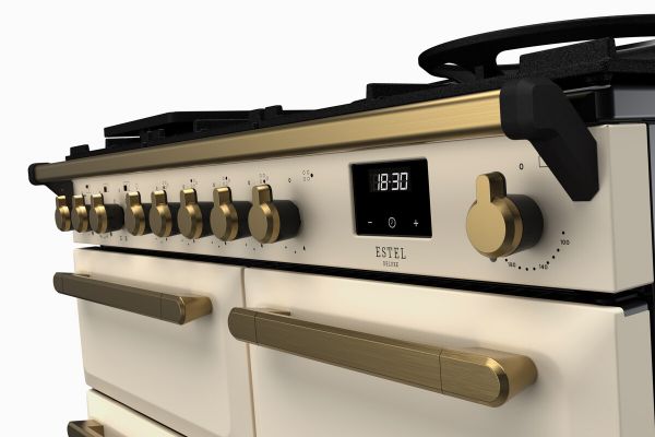 Rangemaster 18076 Estel Deluxe 100 Dual Fuel Range Cooker in Pale Cream with Antique Brass Trim - ESDL100DFPPCR/AB1_controls