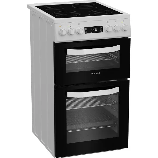 Hotpoint HDE5VDCW 50cm Electric Double Cooker with Ceramic Hob - White_angled view