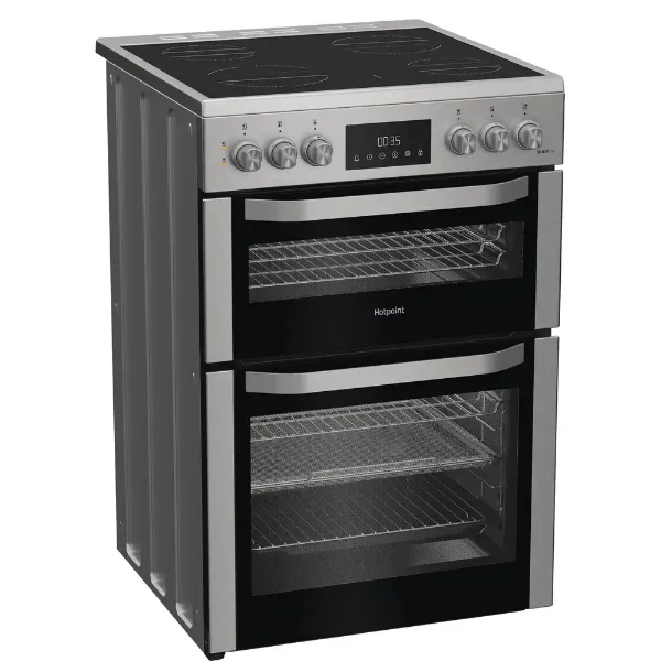 Hotpoint HDE6VDCAX 60cm Electric Double Cooker with Air Fry - Stainless Steel_angled view