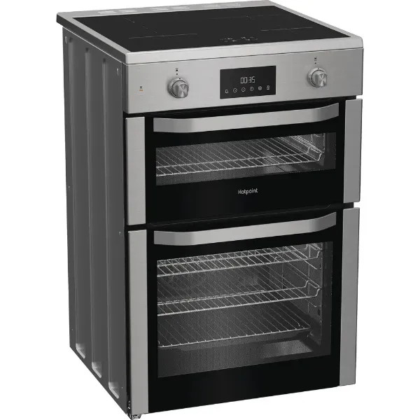 Hotpoint HDE6IDC2X 60cm Electric Double Cooker with Induction Hob - Stainless Steel_angled view