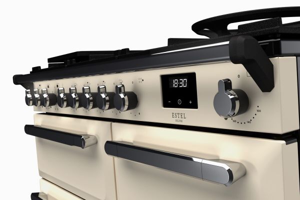 Rangemaster 15080 Estel Deluxe 100 Dual Fuel Range Cooker in Pale Cream with Chrome Trim - ESDL100DFPPCR/CM1_controls