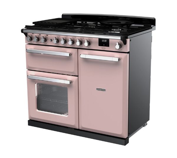 Rangemaster 15084 Estel Deluxe 100 Dual Fuel Range Cooker in Pale Pink with Chrome Trim - ESDL100DFPPPK/CM1_angled