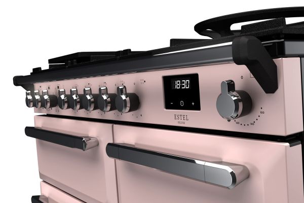 Rangemaster 15084 Estel Deluxe 100 Dual Fuel Range Cooker in Pale Pink with Chrome Trim - ESDL100DFPPPK/CM1_controls