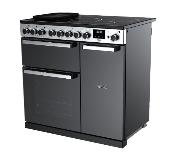 Rangemaster 15802 Edge Deluxe 90 Induction Range Cooker in Black Glass with Chrome Trim - EDDL90EIGBLK/CM1_angled