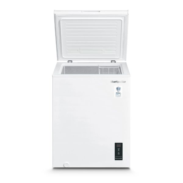 Montpellier MCF140EW 142 Litre Chest Freezer in White, F Rated and 1 x Freezer Basket - Switch from Freezer to Chiller_open