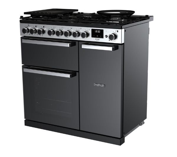 Rangemaster 15796 Edge Deluxe 90 Dual Fuel Range Cooker in Black Glass with Chrome Trim - EDDL90DFGBLK/CM1_angled