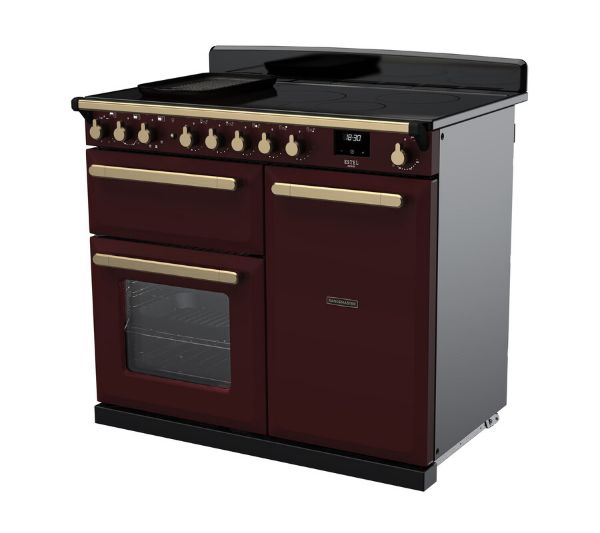 Rangemaster 18091 Estel Deluxe 100 Induction Range Cooker in Bordeaux with Antique Brass Trim - ESDL100EIPBOR/AB1_angled