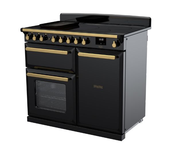 Rangemaster 18088 Estel Deluxe 100 Induction Range Cooker in Gloss Black with Antique Brass Trim - ESDL100EIPGBL/AB1_angled view