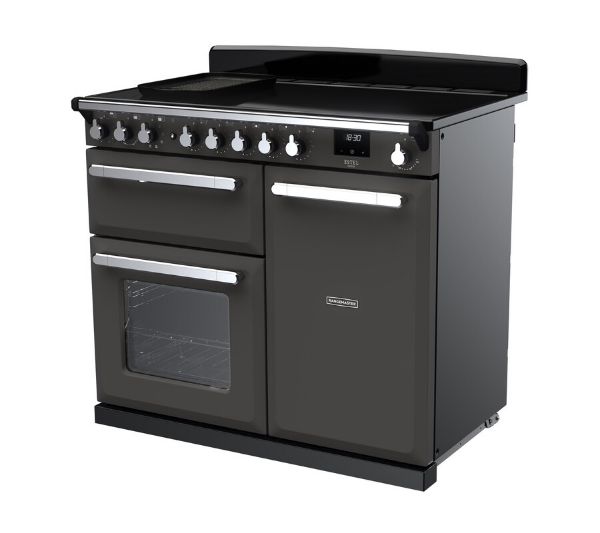Rangemaster 15113 Estel Deluxe 100 Induction Range Cooker in Slate with Chrome Trim - ESDL100EIPSLT/CM1_angled view