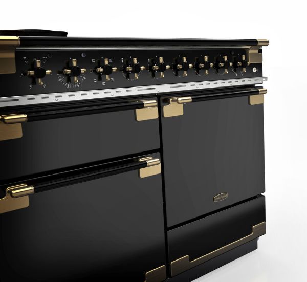 Rangemaster Elise Luxe 110 Induction Range Cooker in Black with Black / Antique Brass Trim_side view