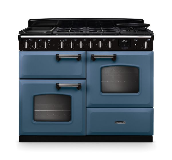 Rangemaster 14710 Classic Deluxe OC 110 Dual Fuel Range Cooker in Stone Blue with Chrome Trim - CLDLO110DFPSTB/CM1