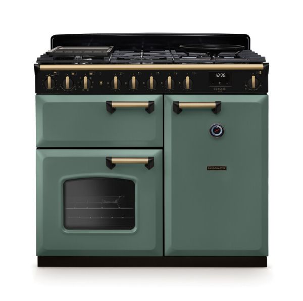 Rangemaster 18298 Classic Deluxe 100 Dual Fuel Range Cooker in Mineral Green with Antique Brass Trim - CLDL100DFPMGR/AB1