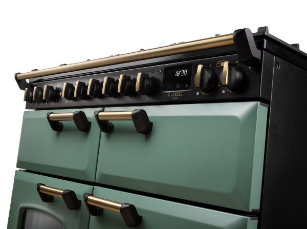 Rangemaster 18366 Classic Deluxe BC 110 Dual Fuel Range Cooker with Slow Cook Oven in Mineral Green with Antique Brass Trim - CLDLB110DFPMGR/AB1_handles