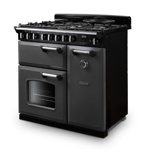 Rangemaster 14538 Classic Deluxe 90 Dual Fuel Range Cooker in Slate with Chrome Trim - CLDL90DFPSLT/CM1_angled