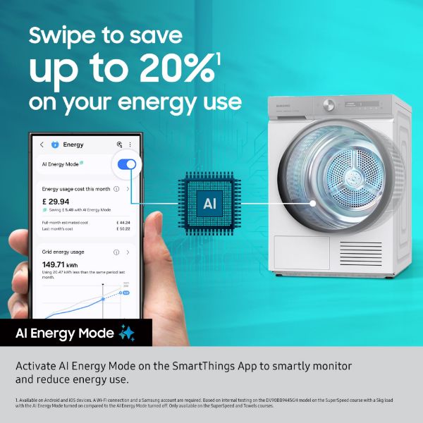 Samsung DV90F09F4SU1  Series 9 AI Home 9kg Heat Pump Tumble Dryer - Dark Grey_ai energy mode