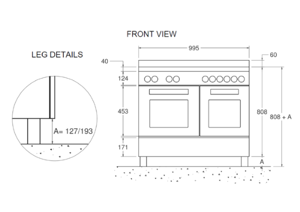 Bertazzoni Master 100cm Dual Fuel Twin Oven Range Cooker in Stainless Steel_Dimensions