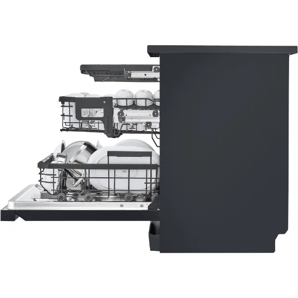 LG DF587HMS 14 Place Setting TrueSteam™ Full Size Freestanding Dishwasher in Matte Black_side view open