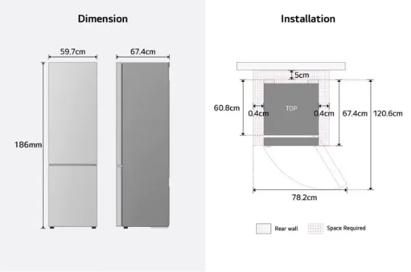 LG GBBSJ10EPY 333L NatureFRESH Freestanding Fridge Freezer in Prime Silver_dimensions
