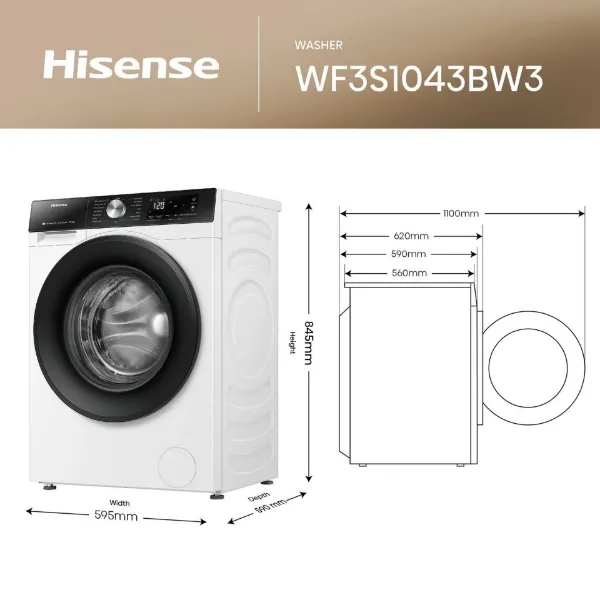 Hisense WF3S1043BW3 10.5kg 1400 Spin Washing Machine - White