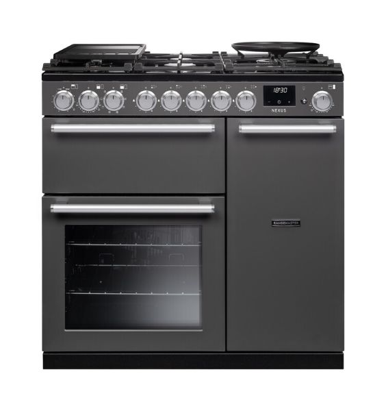 Rangemaster 16348 Nexus 90 Dual Fuel Range Cooker in Slate with Chrome Trim - NEX90DFPSLT/CM1