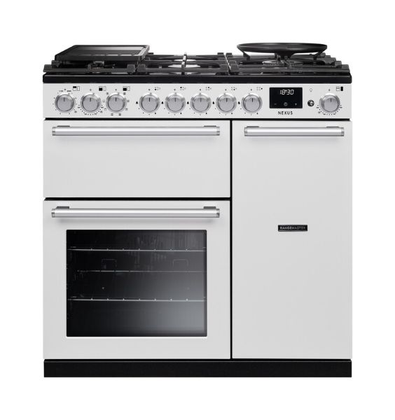 Rangemaster 16349 Nexus 90 Dual Fuel Range Cooker in White with Chrome Trim - NEX90DFPWHT/CM1