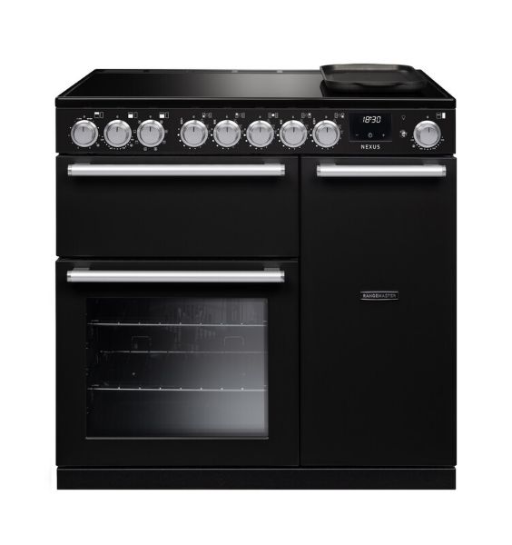 Rangemaster 16367 Nexus 90 Induction Range Cooker in Gloss Black with Chrome Trim - NEX90EIPGBL/CM1