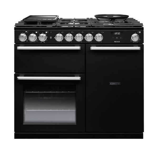 Rangemaster 16388 Nexus 100 Dual Fuel Range Cooker in Gloss Black with Chrome Trim - NEX100DFPGBL/CM1