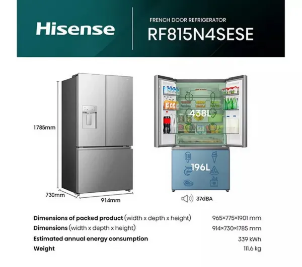 Hisense RF815N4SESE Total No Frost Plumbed American Fridge Freezer - Silver