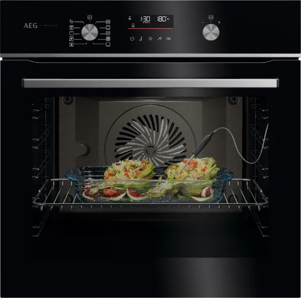 AEG GA5CB50FAB 59.5cm Built In Electric Single Oven - Gloss Black with Steel Trim