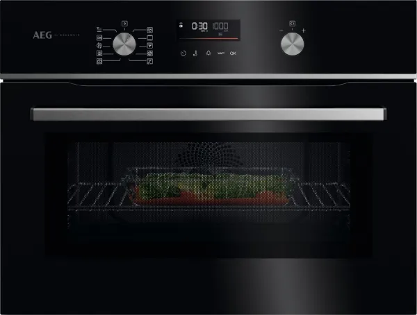 AEG GK6NK40FB 59.5cm Compact Combi Microwave Oven - Gloss Black with Steel Trim