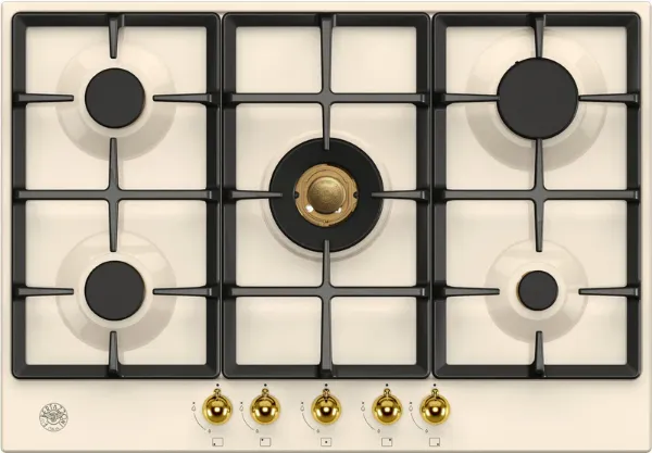Bertazzoni P755CHERAG Heritage Series 75cm 5 Burner with Wok Burner Gas Hob in Ivory Gold