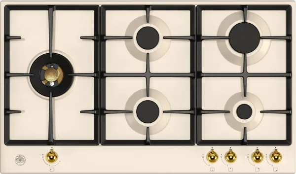 Bertazzoni P905LHERAG Heritage Series 90cm 5 Burner with Left Wok Burner Gas Hob in Ivory Gold