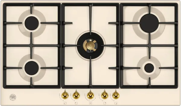 Bertazzoni P905CHERAG Heritage Series 90cm 5 Burner with Central Wok  Burner Gas Hob in Ivory Gold