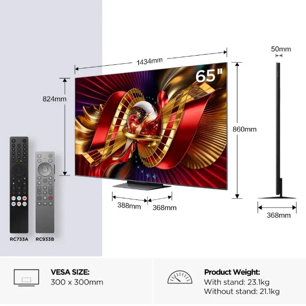 TCL 65C8L-UK 65" 4K Ultra HD QD-Mini LED Google TV_dimensions