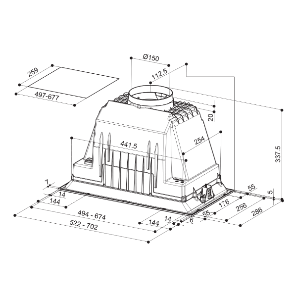 Faber Inca Plus HC 52cm Black Integrated Canopy Cooker Hood_dimensions