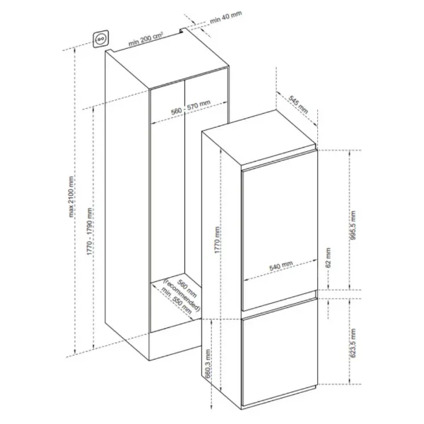 Sensis RFCMBI015470EW 54cm 70/30 Built InFrost Free Fridge Freezer - White_dimensions