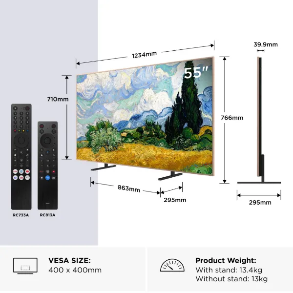 TCL 55A400 PRO-UK 55" 4K Ultra HD QD-MINI LED AI Art TV - Black_dimensions