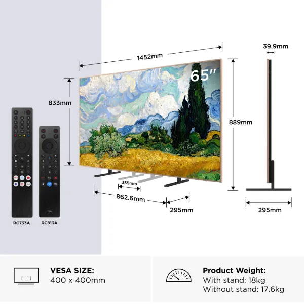 TCL 65A400 PRO-UK 65" 4K Ultra HD QD-MINI LED AI ART TV_dimensions