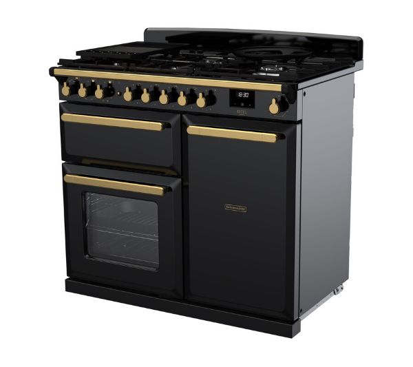Rangemaster 18074 Estel Deluxe 100 Dual Fuel Range Cooker in Gloss Black with Antique Brass Trim - ESDL100DFPGBL/AB1_angled